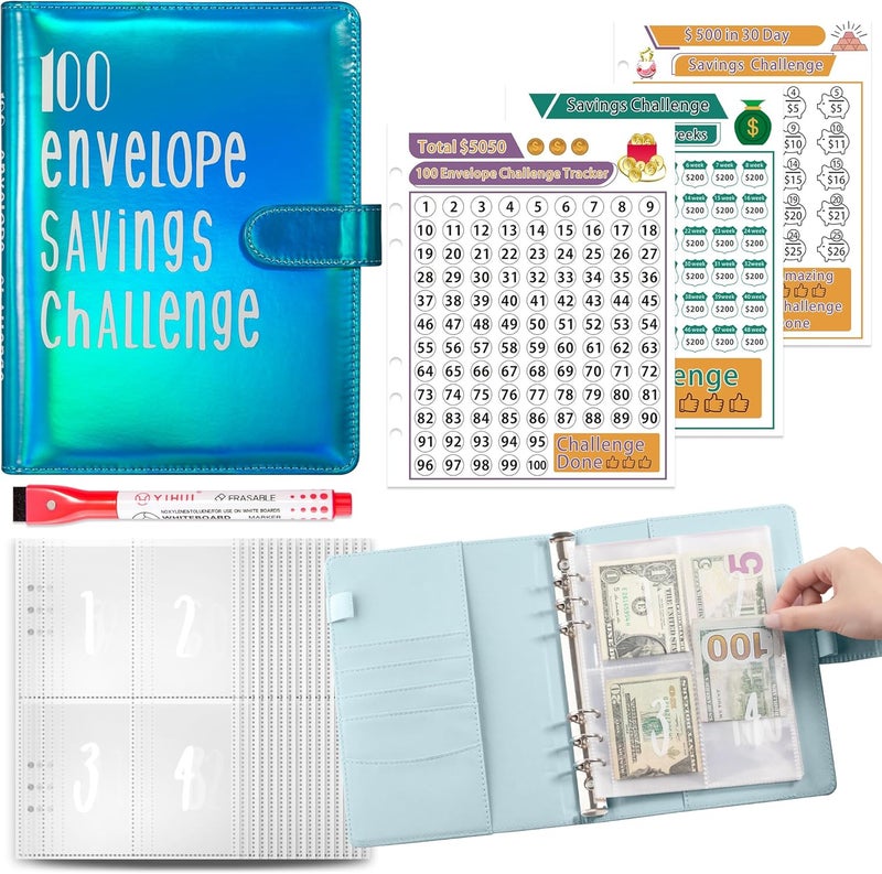 gusutide 100 Envelope Savings Challenge Binder, Money Saving Binder with Cash Envelopes, from 30 Days to 52 Weeks, to Save $500,$5,050 and $10,000, back to school supplies,gift for children (sparkling blue) - Image 1